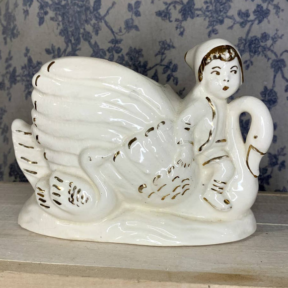 Vintage Ivory Gold Ceramic Planter Boy Riding a Swan - Picture 1 of 8